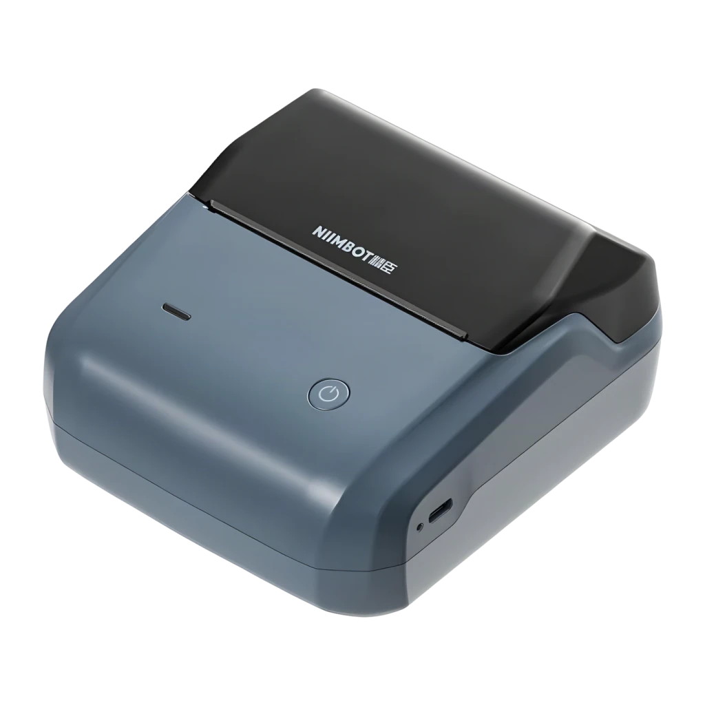 Impresora de etiquetas Niimbot B31 Térmica 203 dpi Azul Oscuro, detalle: vista superior en ángulo, botón de encendido