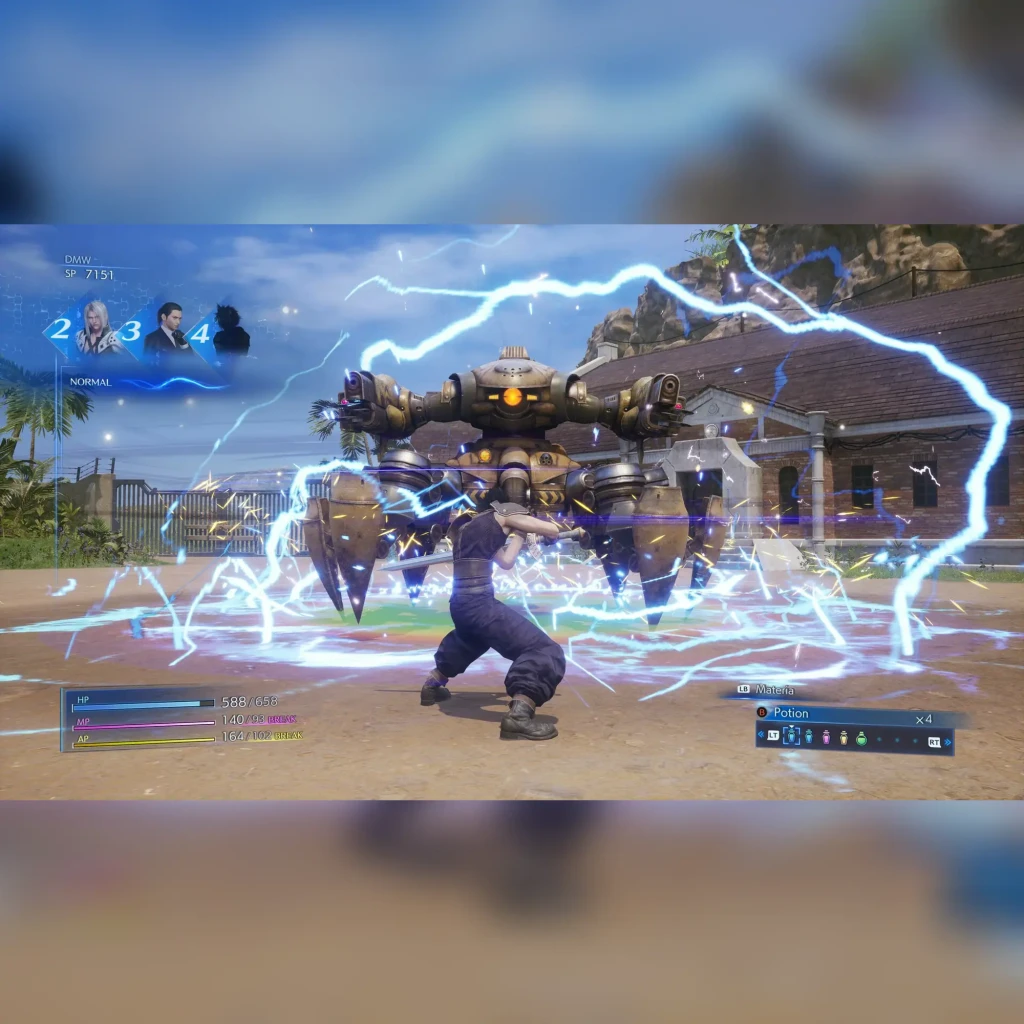 Videojuego Square Enix Crisis Core: Final Fantasy VII Reunion Nintendo Switch, en uso: combate con rayo contra robot