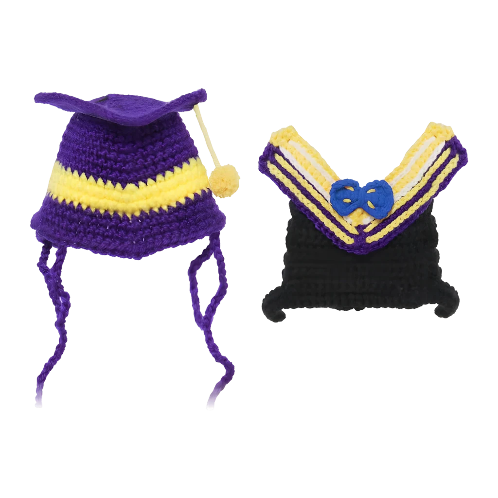 Déguisement Loona Tricot Premium Student Accessoire décoratif, vue de face: bonnet violet rayé jaune avec toque, col noir