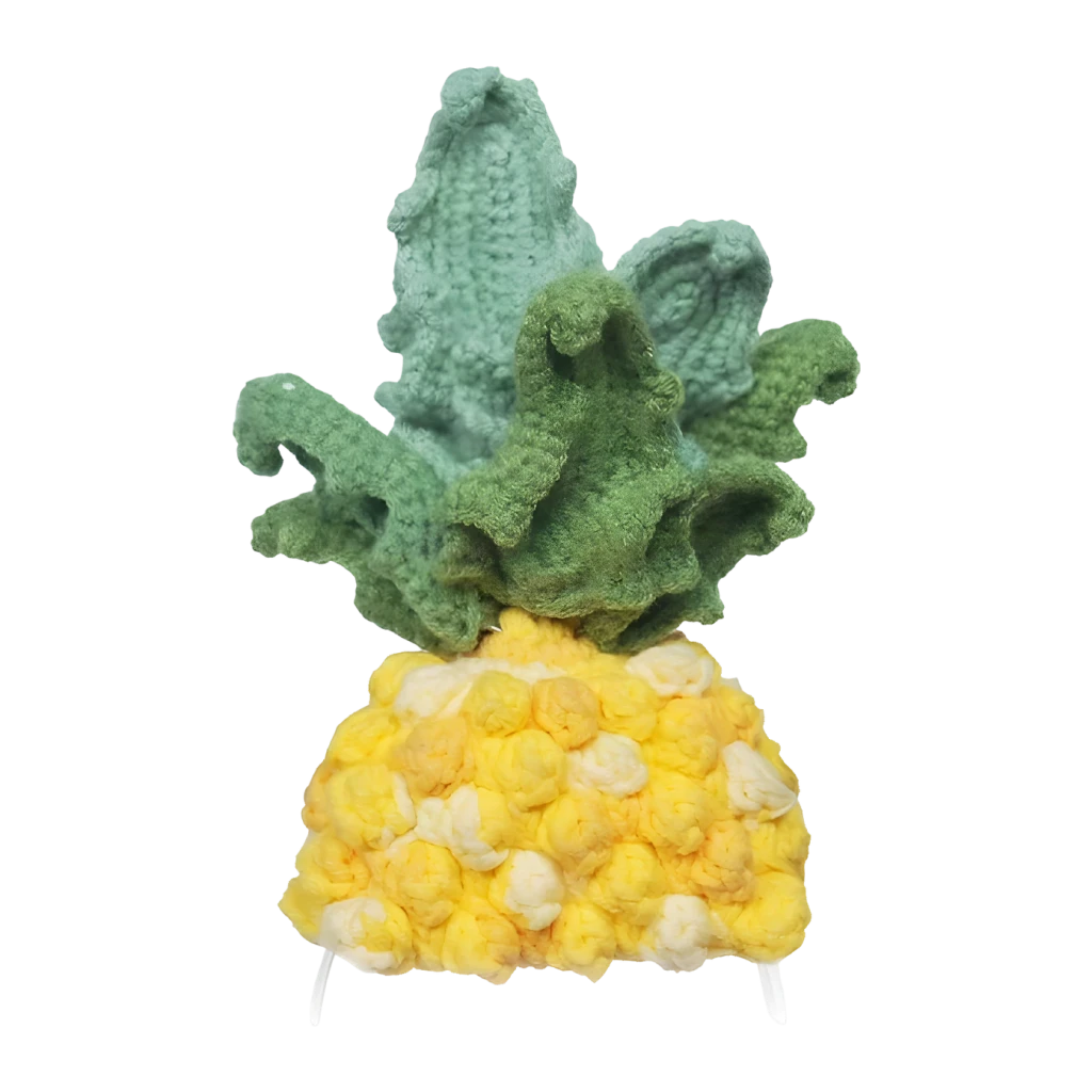 Déguisement Tricot Loona Premium Pineapple, vue frontale: corps jaune à pompons et feuilles vertes au crochet