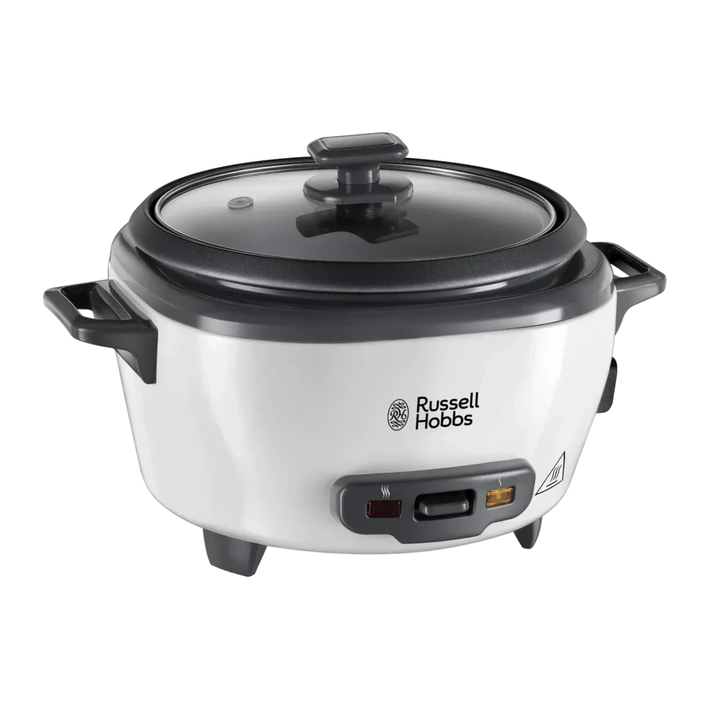 Cuiseur à riz Russell Hobbs 27030-56 Midi 300W 1,4L Noir/Blanc, vue de face: corps blanc avec couvercle en verre sombre