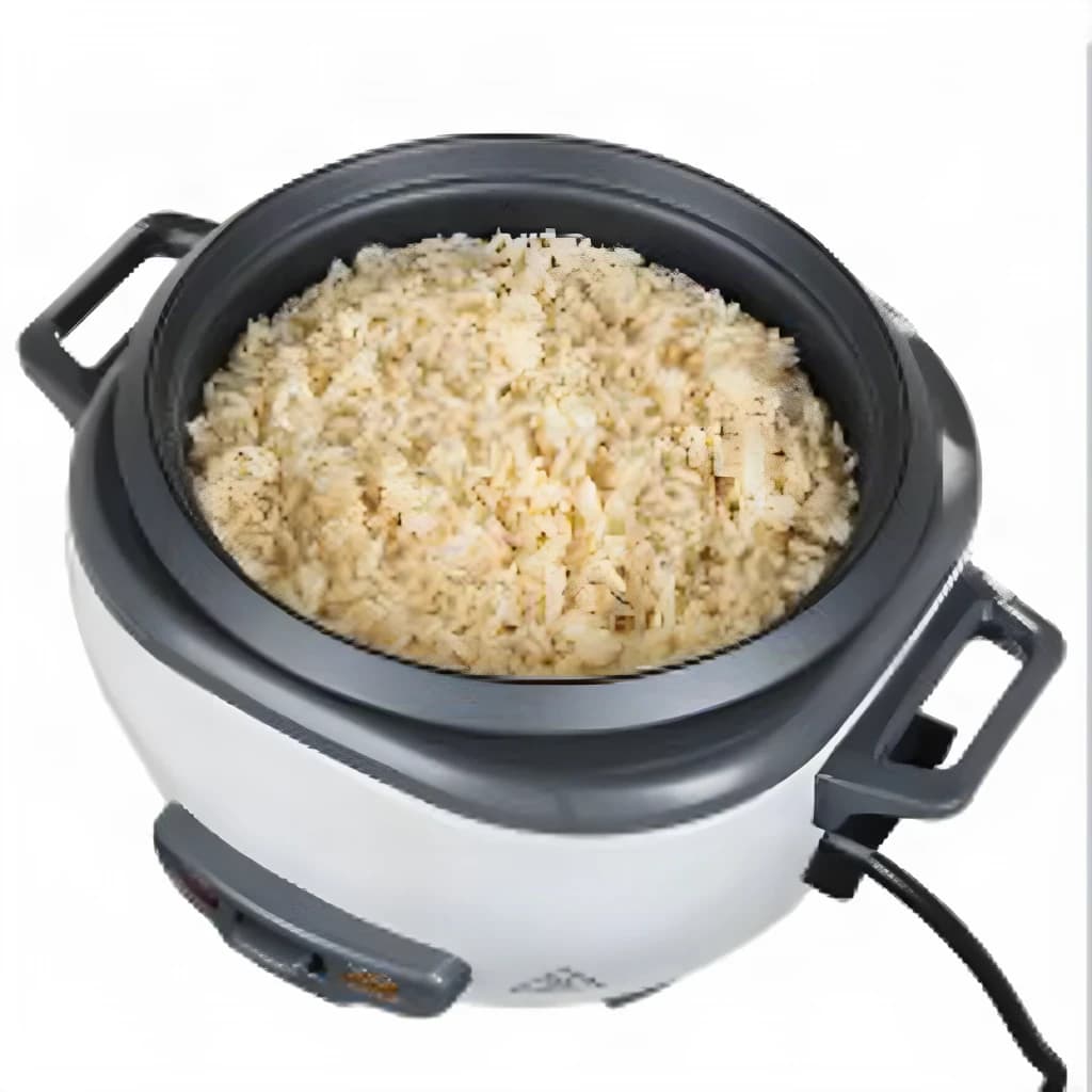 Cuiseur à riz Russell Hobbs 27030-56 Midi 300W 1,4L Noir/Blanc, en utilisation: cuve ouverte avec riz cuit, corps blanc