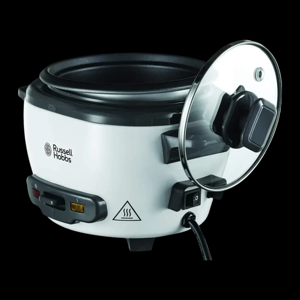 Cuiseur à riz Russell Hobbs 27030-56 Midi 300W 1,4L Noir/Blanc, détail: couvercle en verre ouvert, intérieur noir et panneau