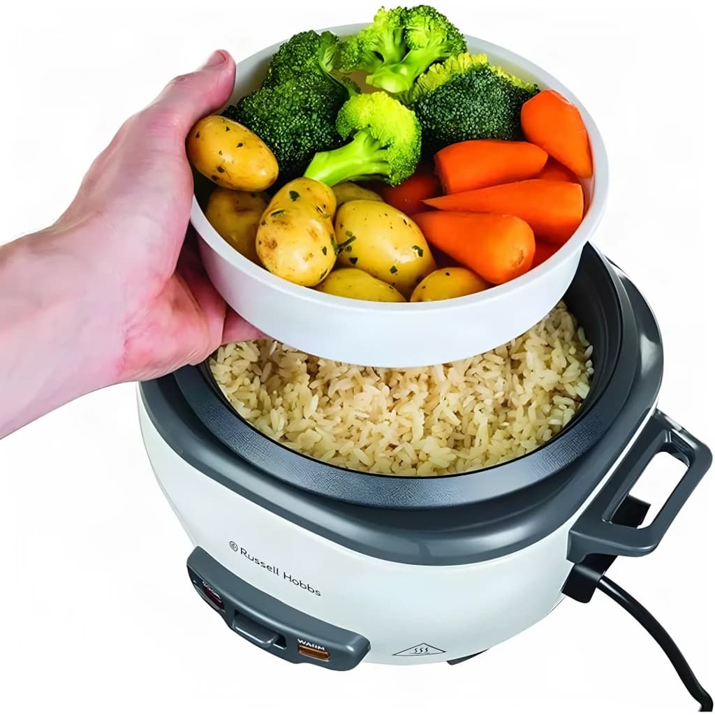 Cuiseur à riz Russell Hobbs 27030-56 Midi 300W 1,4L Noir/Blanc, en utilisation: main retirant le panier vapeur