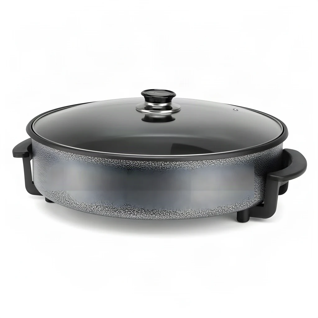 Poêle électrique Orbegozo PZ 4270 6,5L 1500W Antiadhésive Argent, vue de face: corps ovale moucheté argent avec couvercle