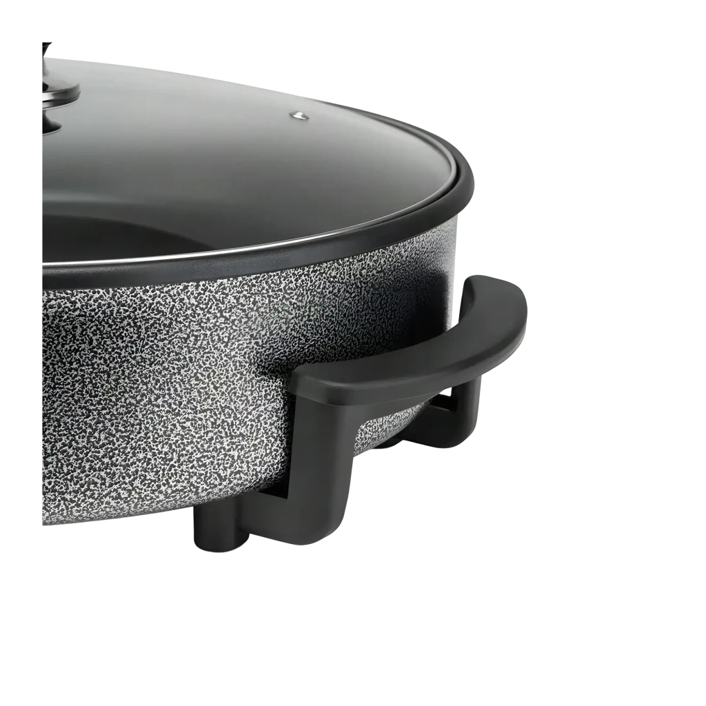 Poêle électrique Orbegozo PZ 4270 6,5L 1500W Antiadhésive Argent, détail: poignée latérale noire et texture mouchetée argent