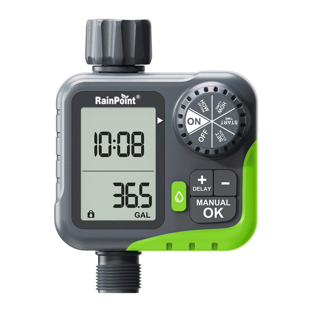 Programador de Riego RainPoint Verde Sin WiFi ITV117, vista frontal: pantalla LCD con hora y caudal en GAL, dial rotatorio