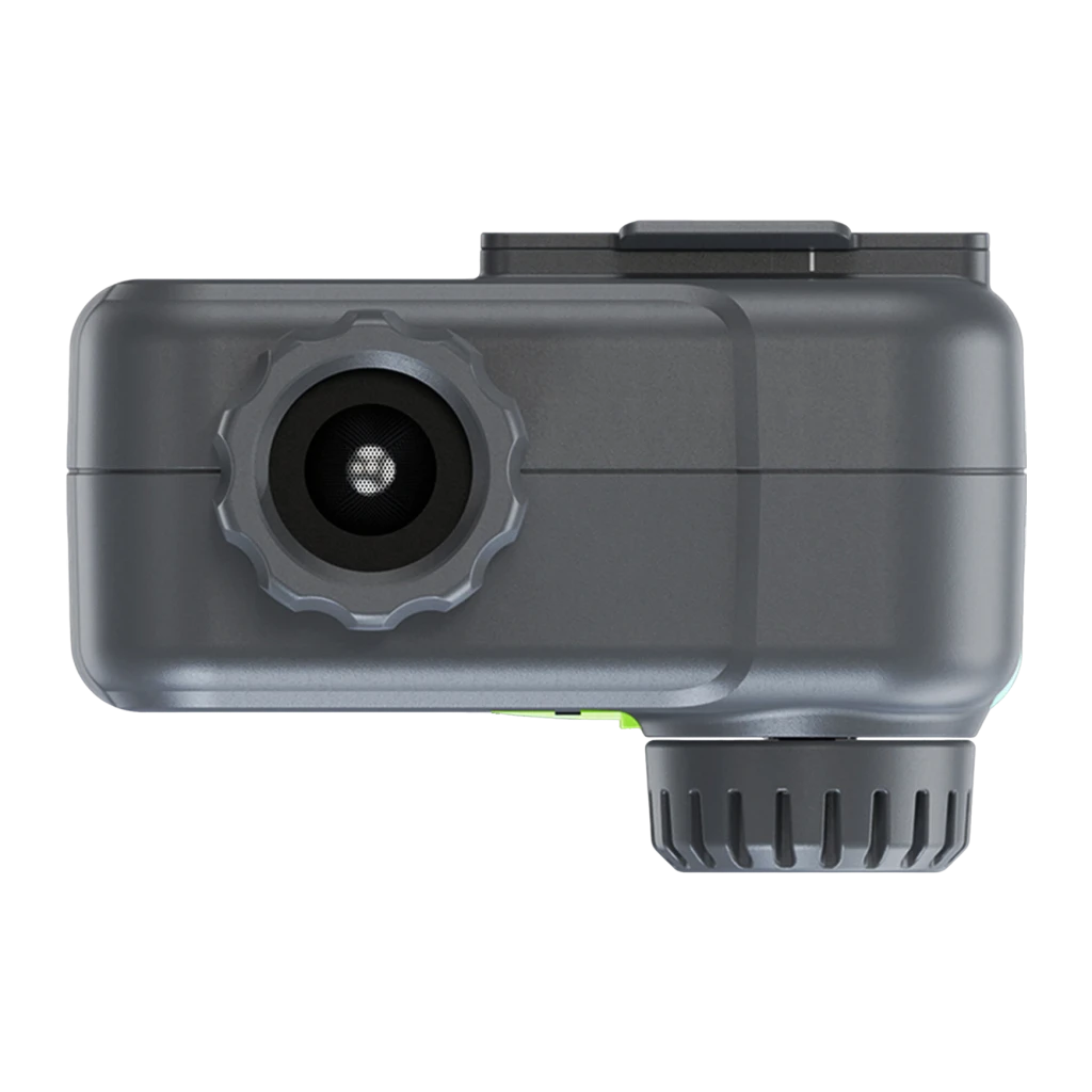 Programador de Riego RainPoint Verde Sin WiFi ITV117, detalle: sensor de caudal circular y conector de salida nervado vistos