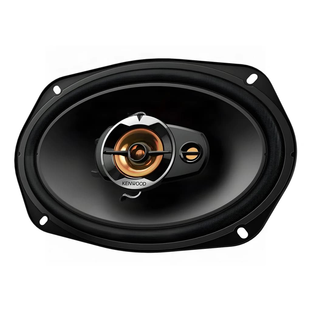 Haut-parleurs voiture Kenwood 3 voies 80W RMS Noir KFC-S6977EX, vue avant: cône noir avec tweeter doré central