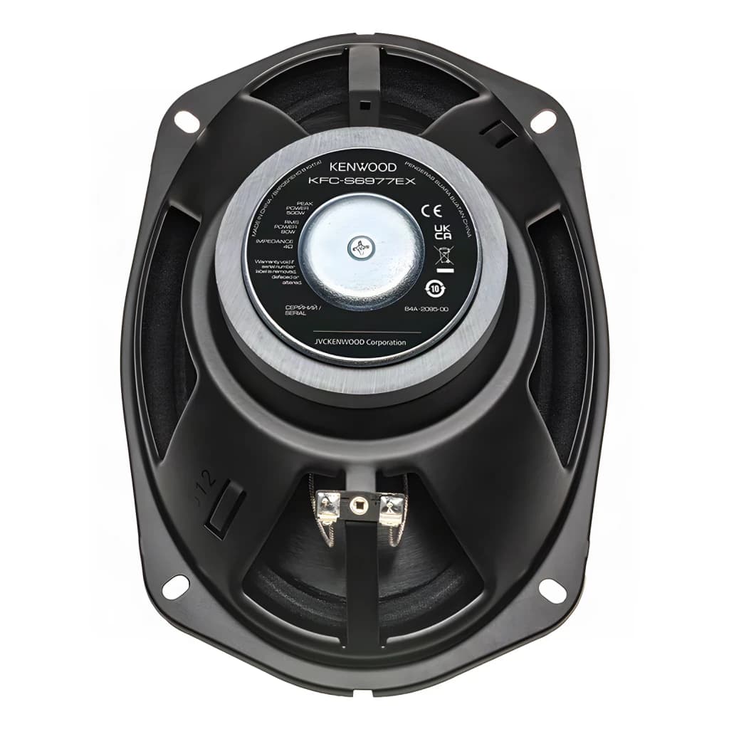 Haut-parleurs voiture Kenwood 3 voies 80W RMS Noir KFC-S6977EX, vue arrière: aimant, bornes de connexion et étiquette