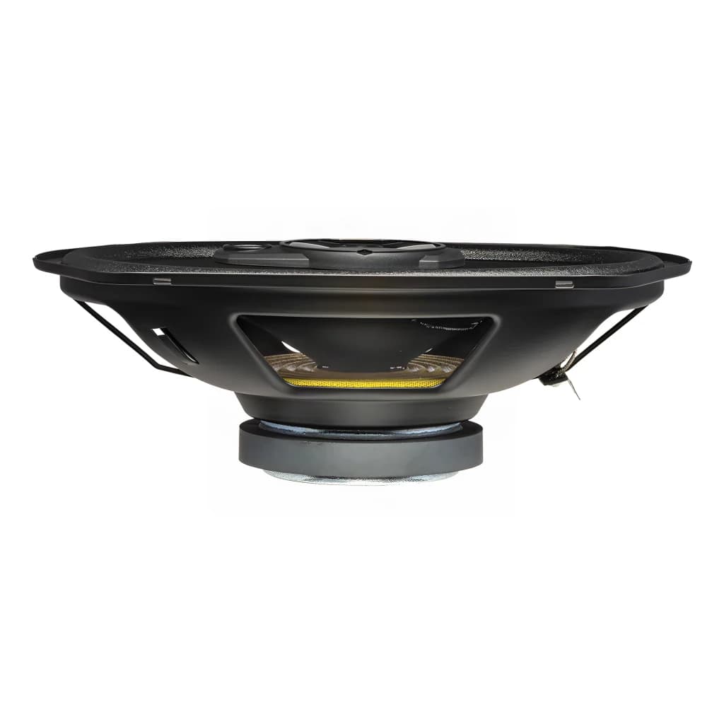 Haut-parleurs voiture Kenwood 3 voies 80W RMS Noir KFC-S6977EX, vue latérale: profil du haut-parleur avec bobine dorée