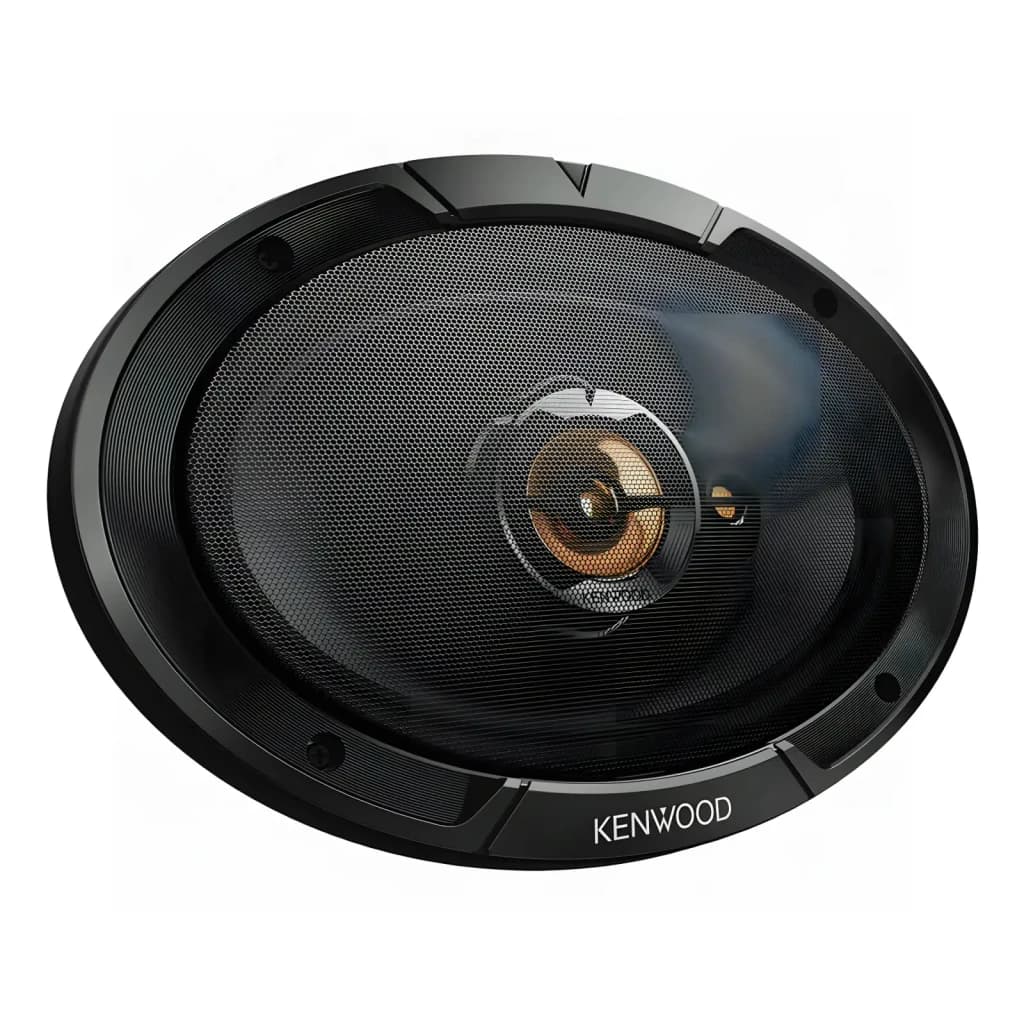 Haut-parleurs voiture Kenwood 3 voies 80W RMS Noir KFC-S6977EX, vue avant en angle: grille noire, tweeter doré central