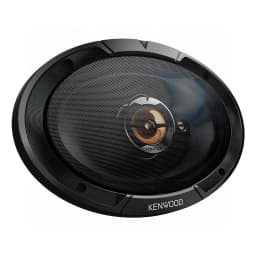 Haut-parleurs voiture Kenwood 3 voies 80W RMS Noir KFC-S6977EX, vue avant en angle: grille noire, tweeter doré central