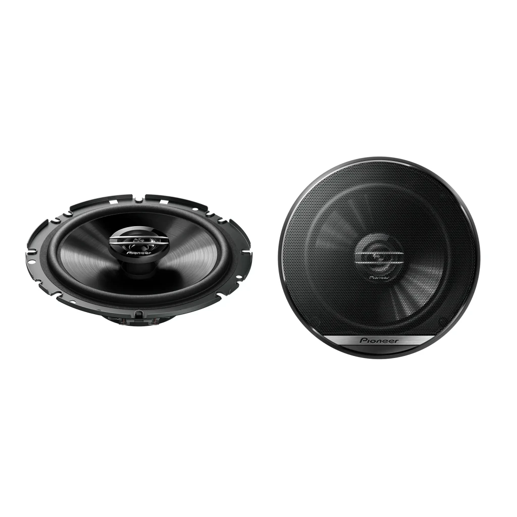 Altavoces para coche Pioneer 2 vías 40W RMS Negro TS-G1720F, vista frontal: par de altavoces, uno sin rejilla y otro