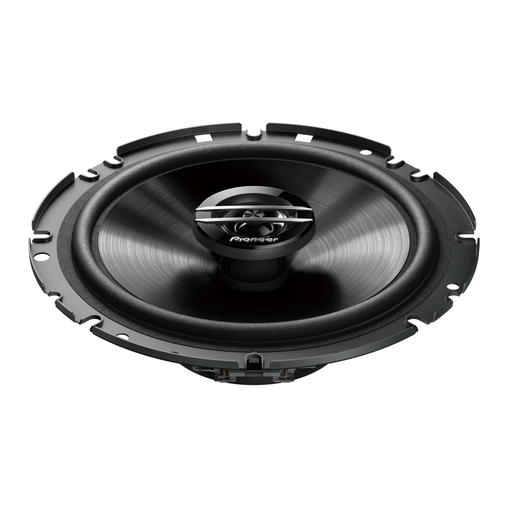 Altavoces para coche Pioneer 2 vías 40W RMS Negro TS-G1720F, vista frontal en ángulo: cono negro con tweeter central y logo