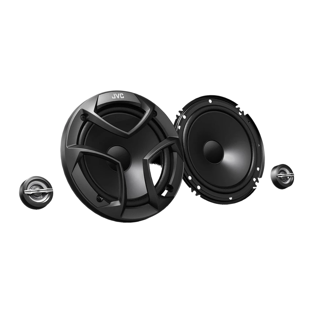 Altavoces de coche JVC 2 vías 30W RMS Negro CS-JS600, vista frontal: woofer con rejilla, woofer sin rejilla y dos tweeters