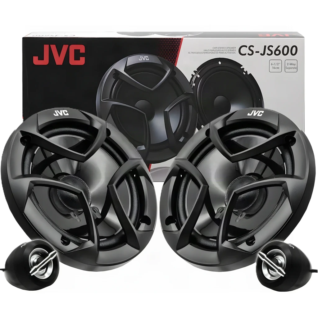 Altavoces de coche JVC 2 vías 30W RMS Negro CS-JS600, detalle: par de woofers negros con tweeters y caja del producto