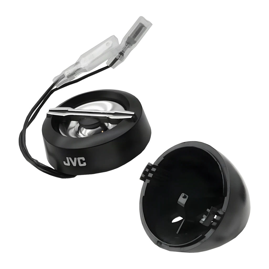 Altavoces de coche JVC 2 vías 30W RMS Negro CS-JS600, detalle: tweeter desmontado con carcasa negra separada y conector