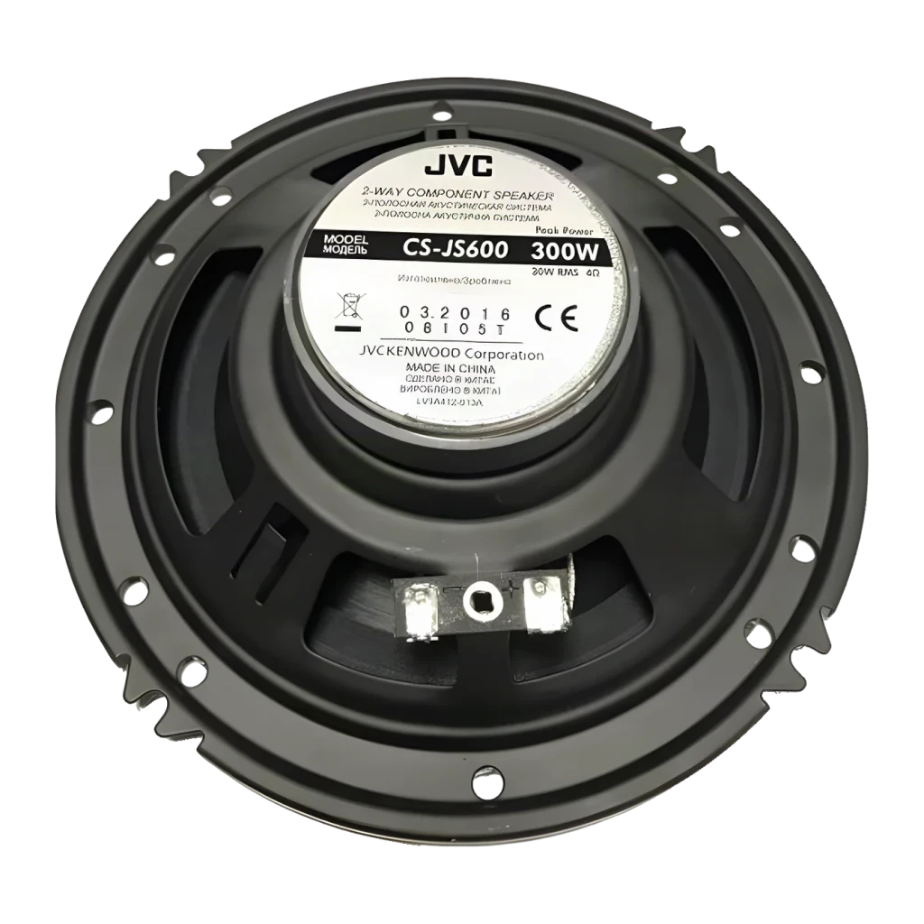 Altavoces de coche JVC 2 vías 30W RMS Negro CS-JS600, vista trasera: imán, etiqueta modelo y terminales de conexión