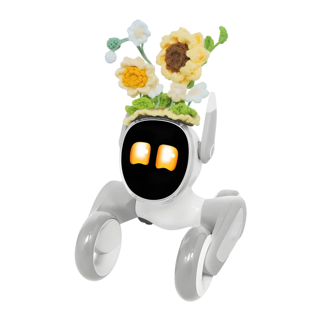 Déguisement Loona Tricot Premium Sunflower, détail: couronne de tournesols et fleurs blanches au crochet sur tête du robot