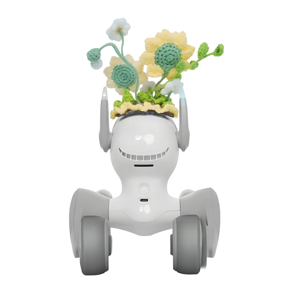 Déguisement Loona Tricot Premium Sunflower, vue arrière: couronne de tournesols crochetés jaune et vert sur robot blanc