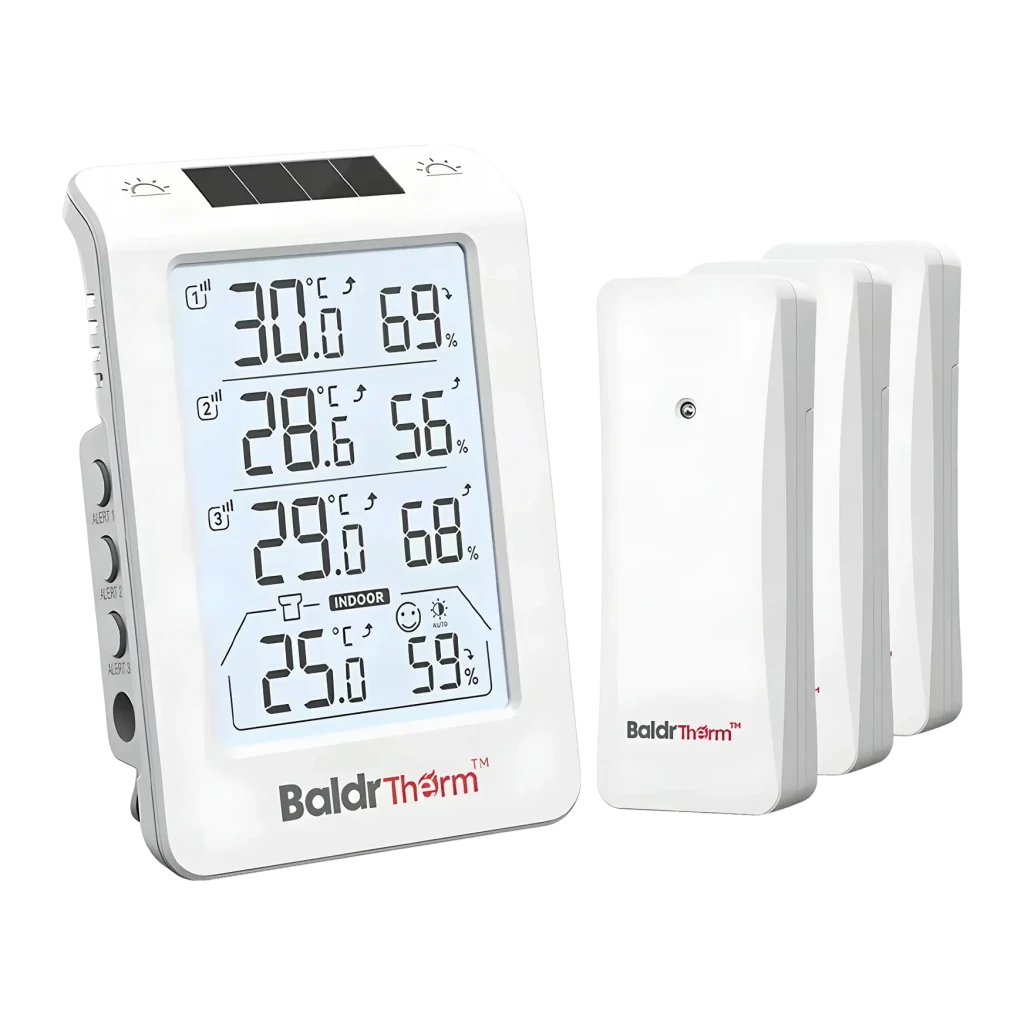 Termohigrómetro BALDRTHERM B0598 Branco Sem Fios 100m Temperatura e Humidade Pilhas AA, vista frontal: ecrã LCD com 4 canais