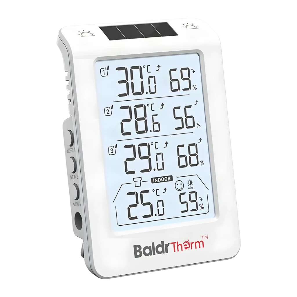 Termohigrómetro BALDRTHERM B0598 Branco Sem Fios 100m Temperatura e Humidade Pilhas AA, detalhe: ecrã LCD com 3 canais
