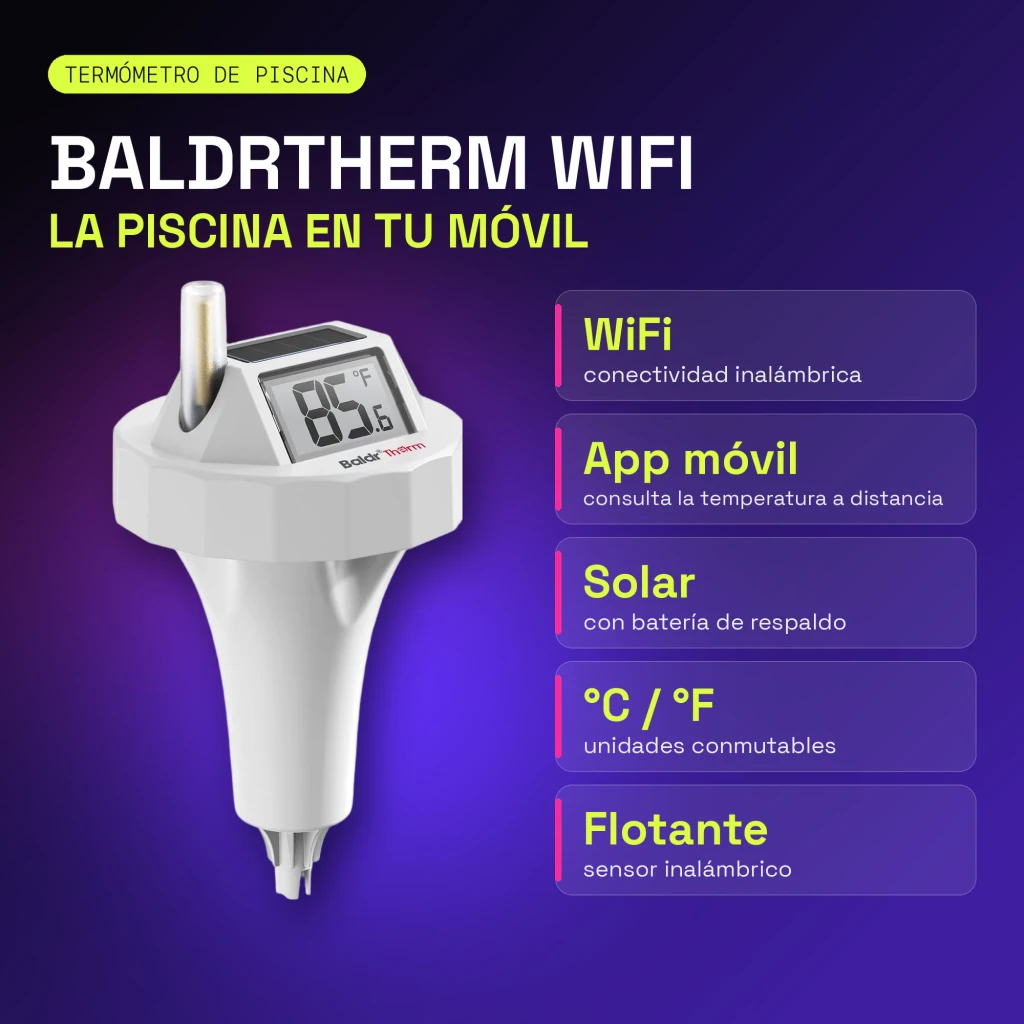 Termómetro de piscina Rainpoint BaldrTherm Blanco WiFi 2,4GHz Solar + pilas HCS0706, infografía: pantalla LCD, panel solar