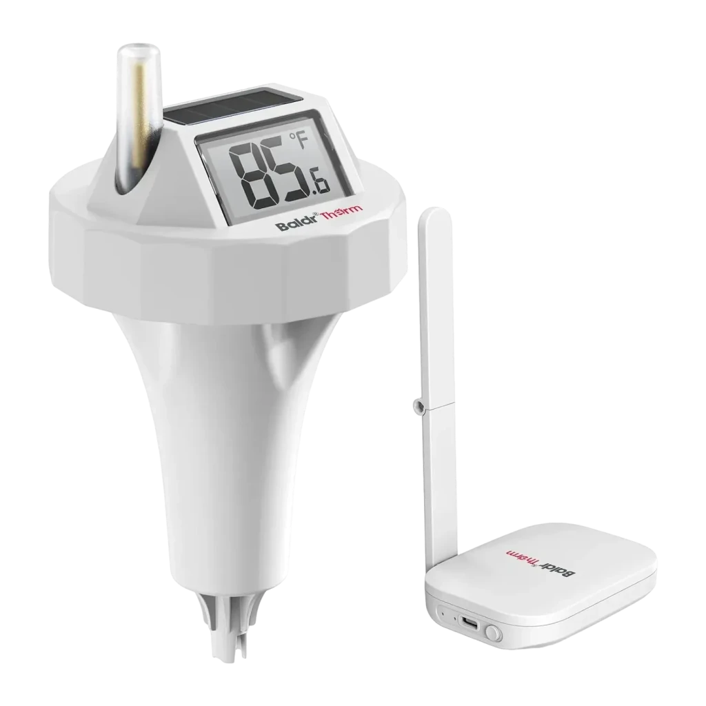 Termómetro de piscina Rainpoint BaldrTherm Blanco WiFi 2,4GHz Solar + pilas HCS0706, detalle: sonda flotante con pantalla