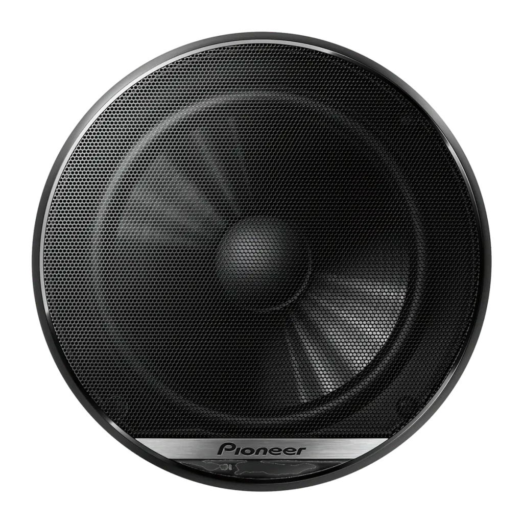 Altavoces de coche Pioneer 2 vías 45W RMS Negro TS-G170C, detalle: rejilla frontal circular con logo Pioneer y cono central