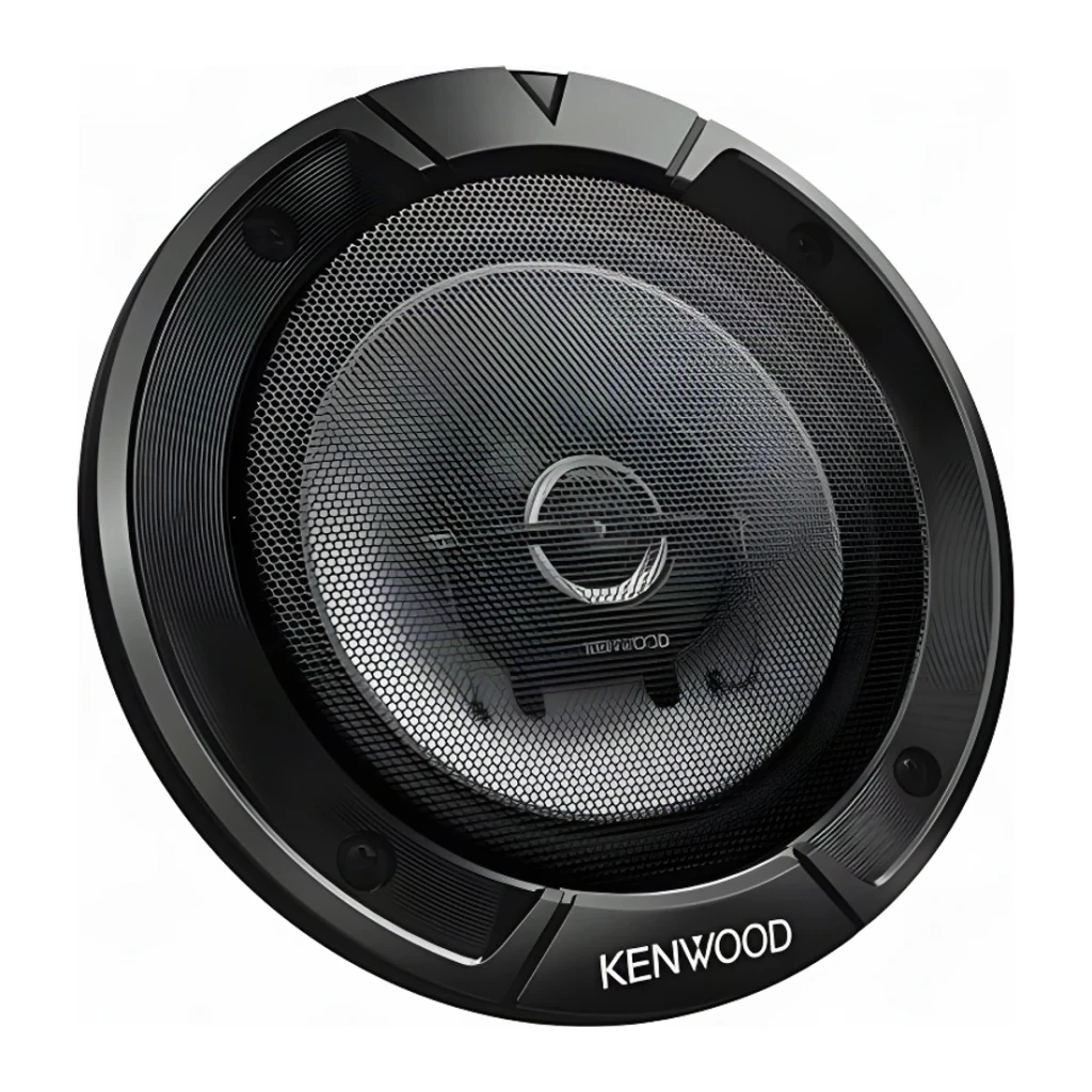 Altavoces de coche Kenwood 2 vías 30W RMS Negro KFC-S1367, vista frontal: rejilla hexagonal negra con tweeter central y logo