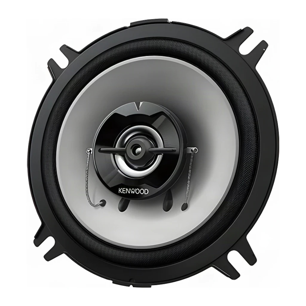 Altavoces de coche Kenwood 2 vías 30W RMS Negro KFC-S1367, vista frontal: cono gris, tweeter central y logo Kenwood