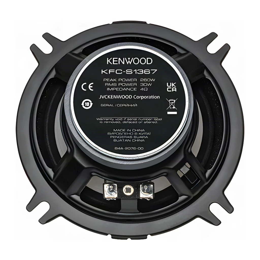 Altavoces de coche Kenwood 2 vías 30W RMS Negro KFC-S1367, vista trasera: etiqueta con especificaciones, terminales