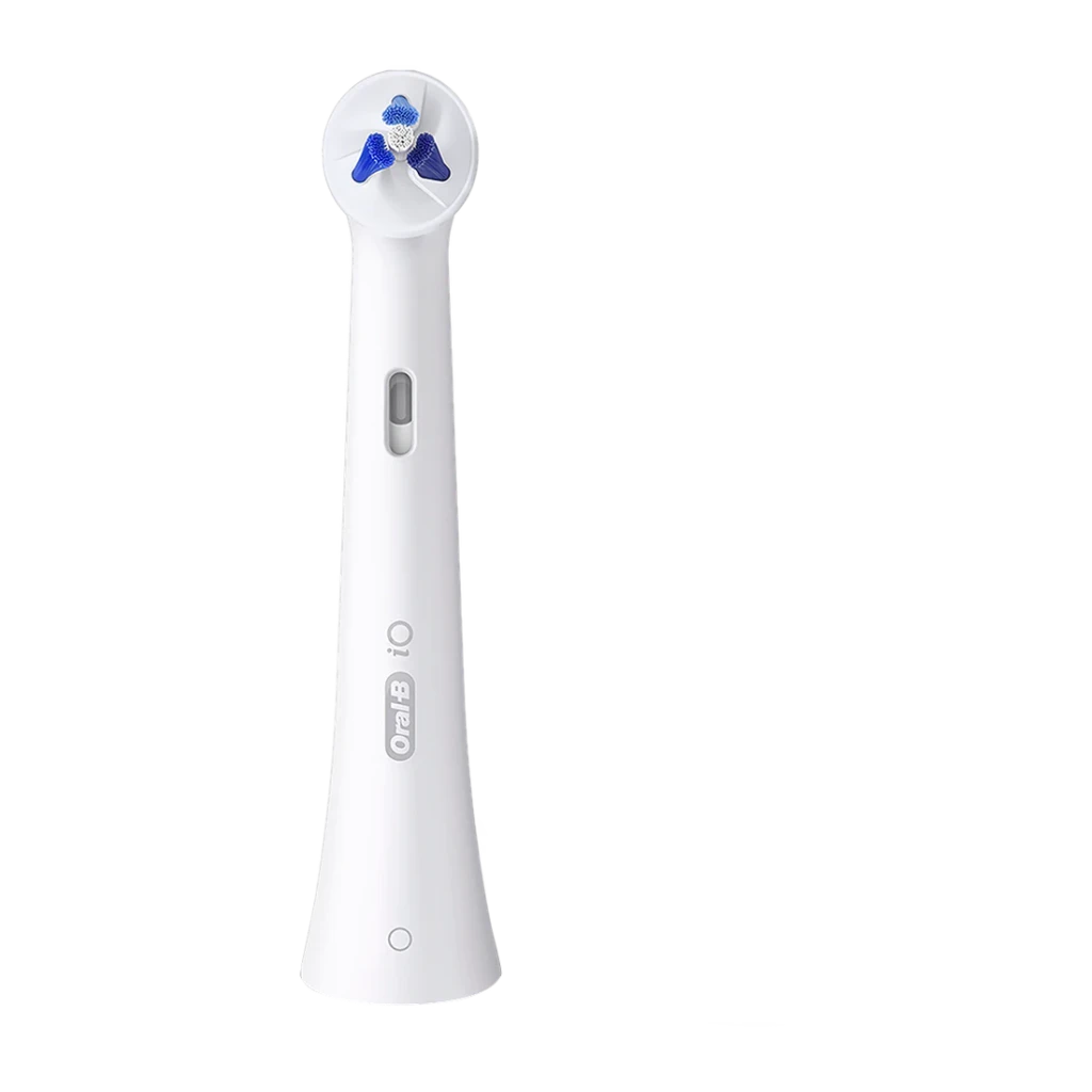 Cabeça escova de dentes elétrica Oral-B iO Interdental Pack 2 Unidades Branco, detalhe: cerdas azuis em leque e logótipo