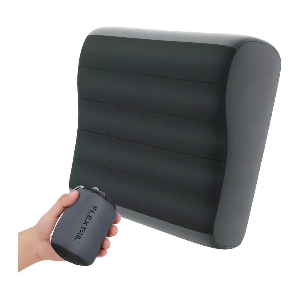 Almofada insuflável Flextail Zero Pillow Cinzento Espuma viscoelástica + TPU, detalhe: almofada insuflada ao lado da bolsa