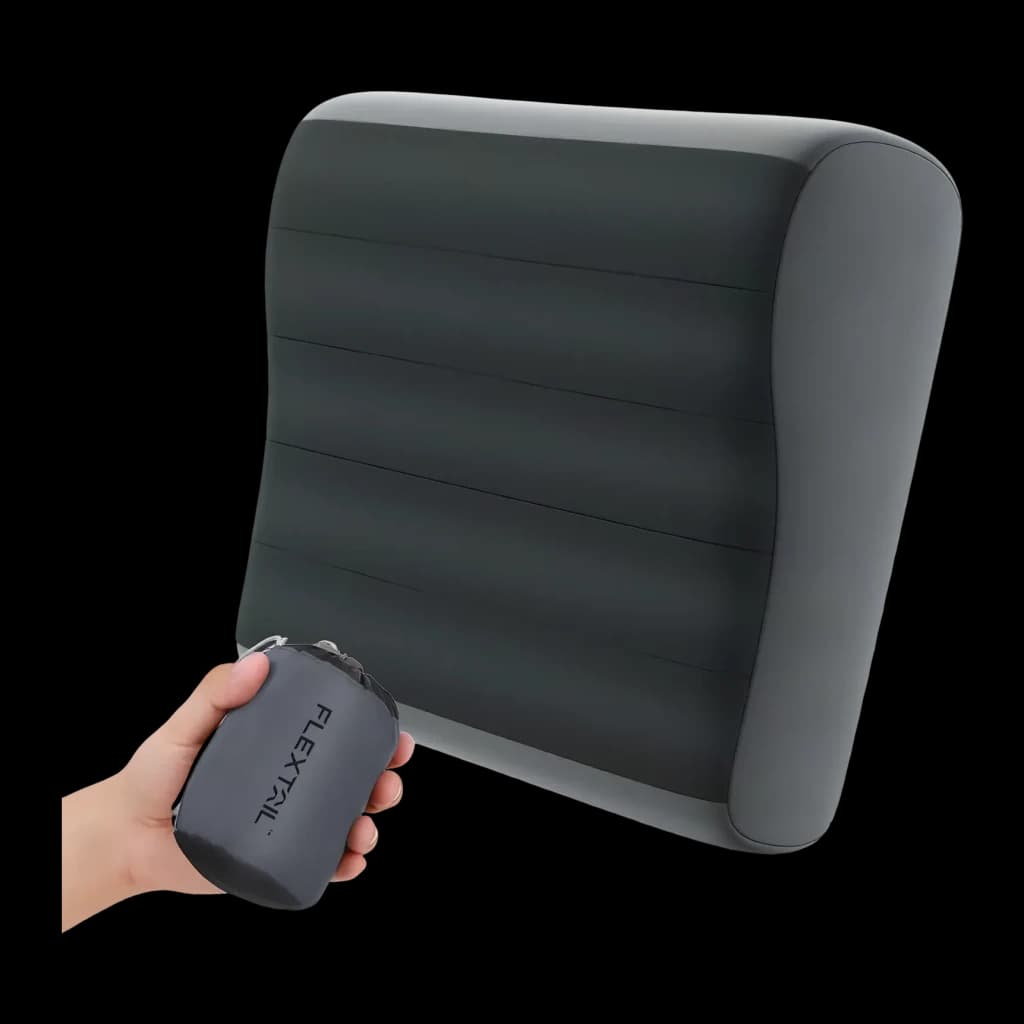 Almofada insuflável Flextail Zero Pillow Cinzento Espuma viscoelástica + TPU, detalhe: almofada insuflada ao lado da bolsa