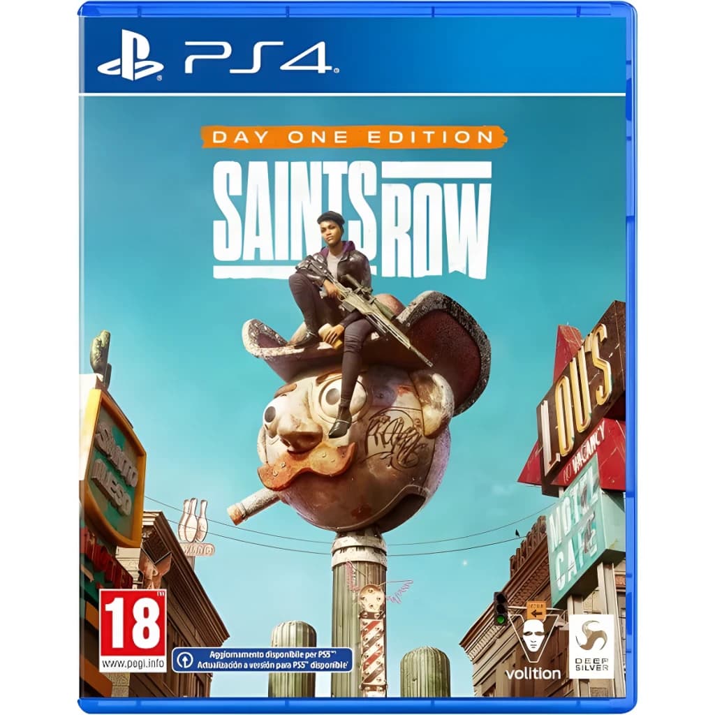 Videojogo Deep Silver Saints Row Day One Edition Azul PS4, vista frontal: capa com personagem armada sobre estátua