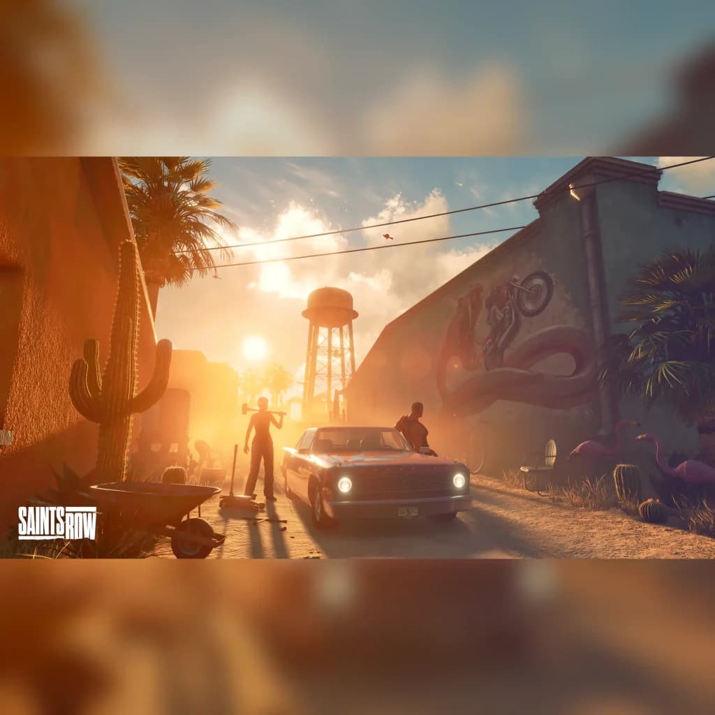 Videojogo Deep Silver Saints Row Day One Edition Azul PS4, em uso: captura gameplay com personagem, carro e cidade desértica