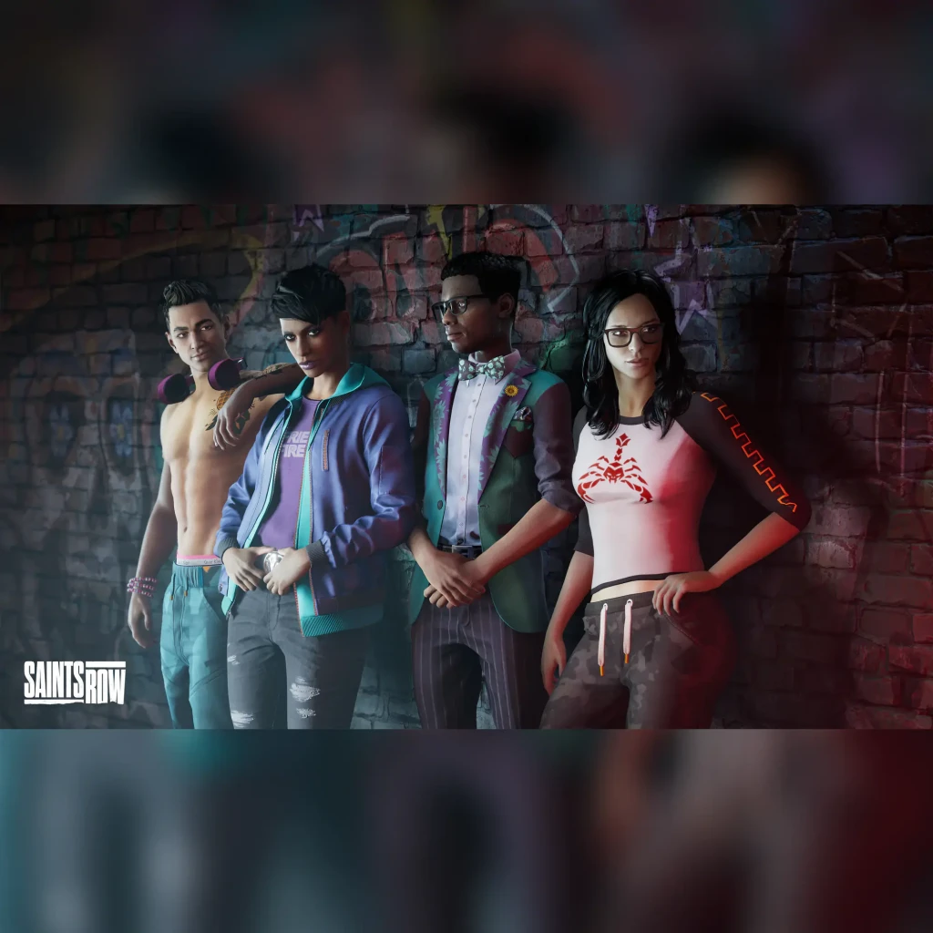 Videojogo Deep Silver Saints Row Day One Edition Azul PS4, em uso: quatro personagens ante muro com grafites