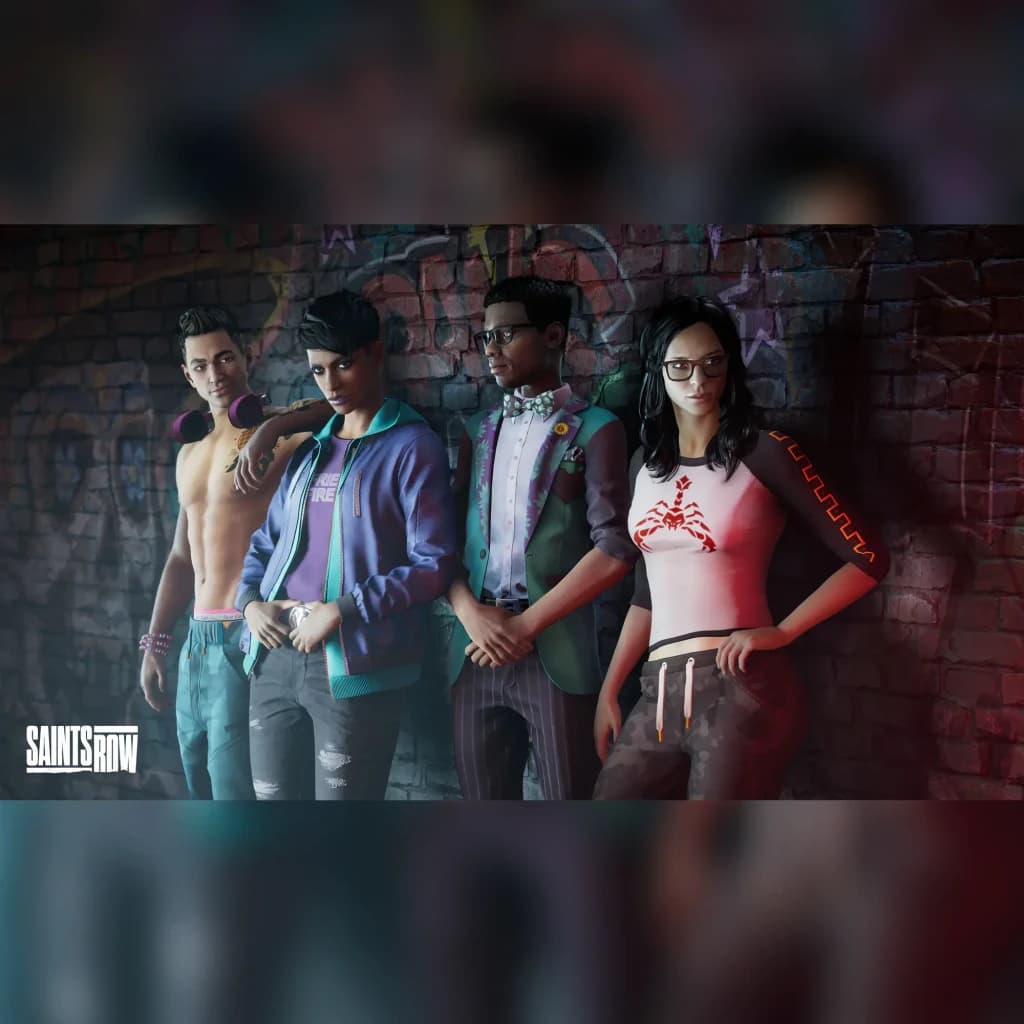 Videojogo Deep Silver Saints Row Day One Edition Azul PS4, em uso: quatro personagens ante muro com grafites