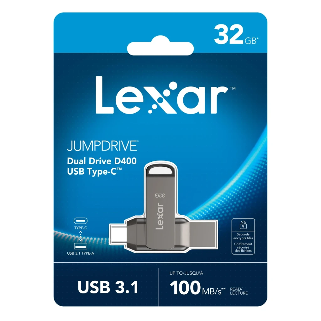 Clé USB Lexar JumpDrive Dual Drive D400 32 Go USB-C et USB-A Gris, contenu de la boîte: blister recto avec connecteurs USB-C