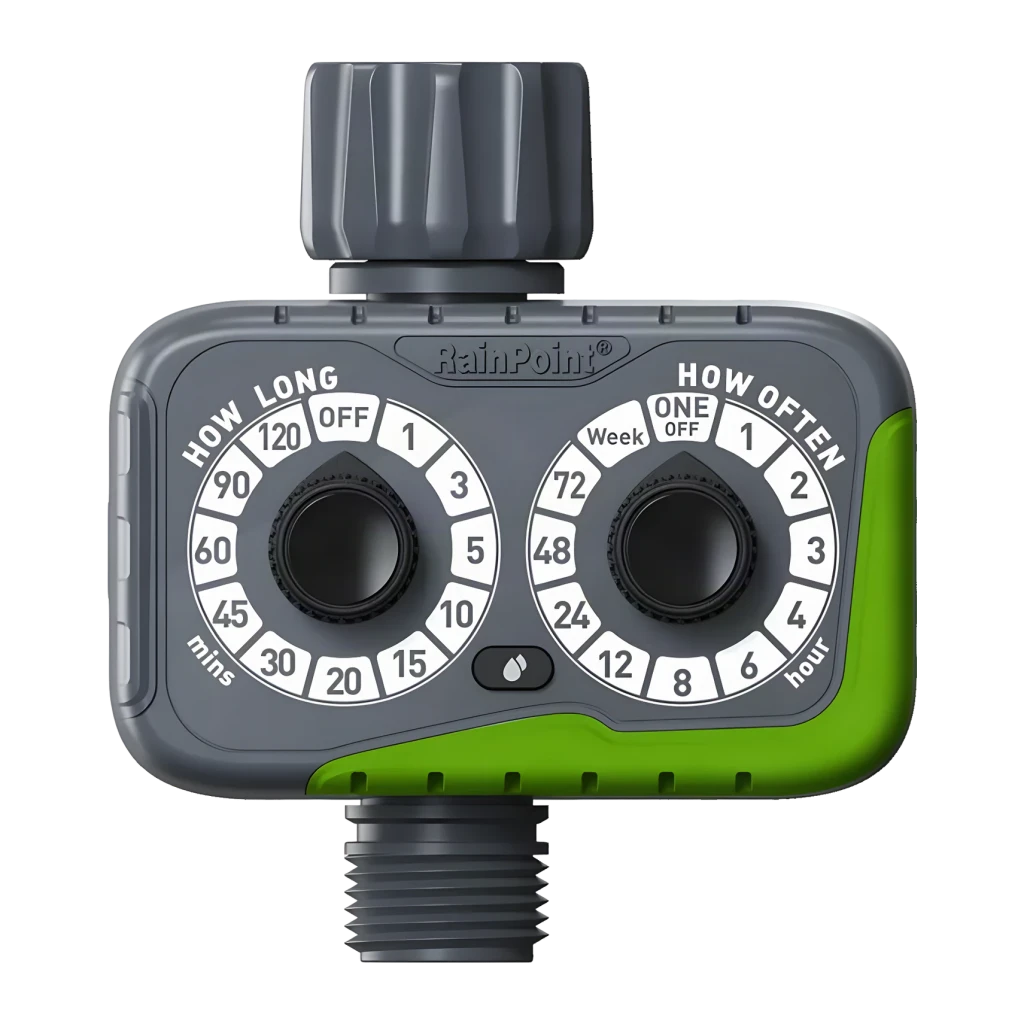Programador de riego RainPoint ITV152, vista frontal: dos diales giratorios How Long y How Often, carcasa gris y verde