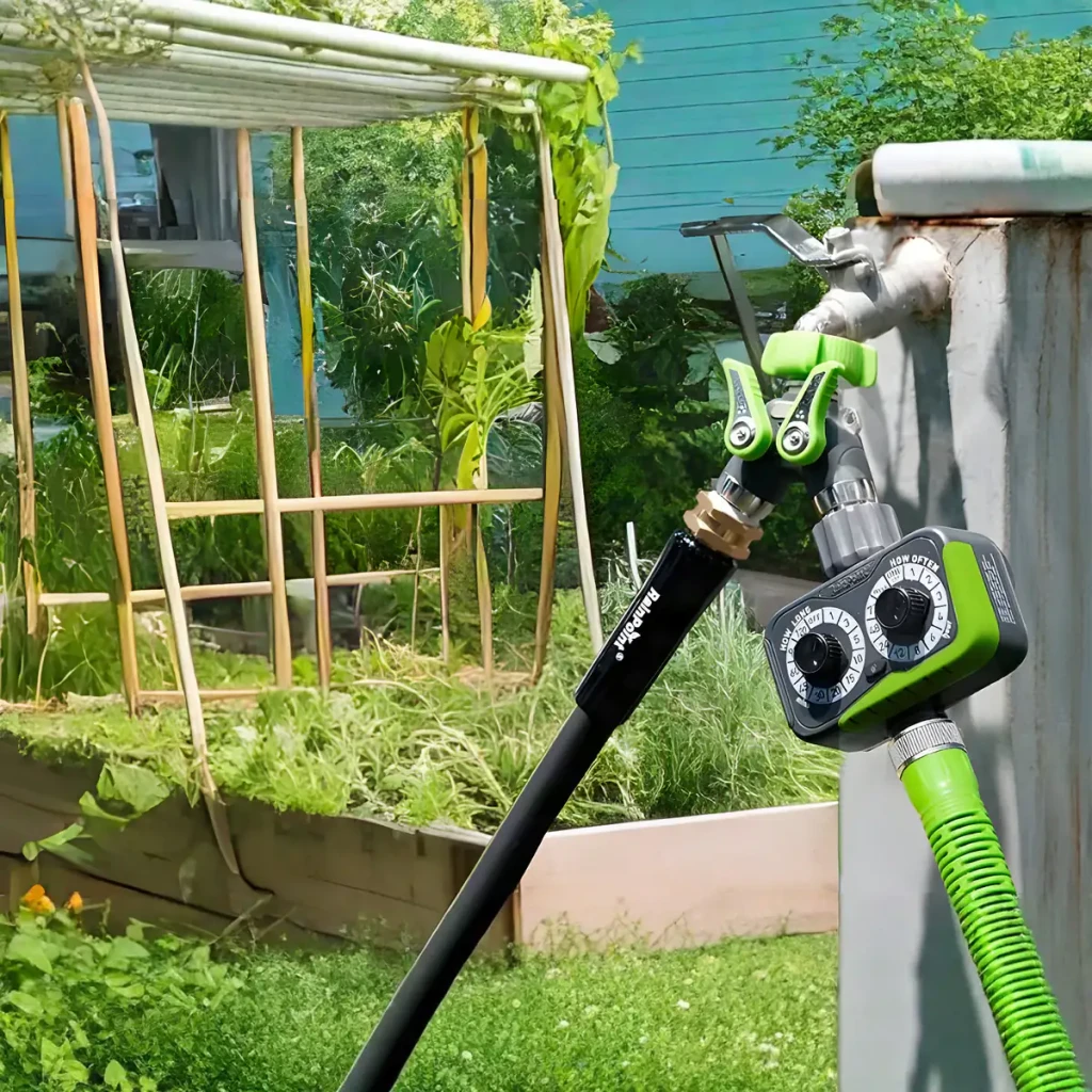Programador de riego RainPoint ITV152, en uso: conectado a grifo exterior con manguera en jardín con huerto