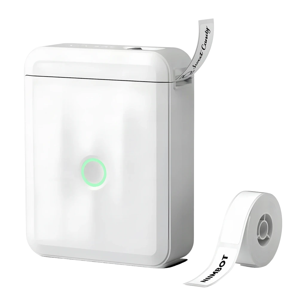 Impresora de etiquetas portátil Niimbot D110M Bluetooth Blanco, vista frontal: botón circular con luz verde y rollo