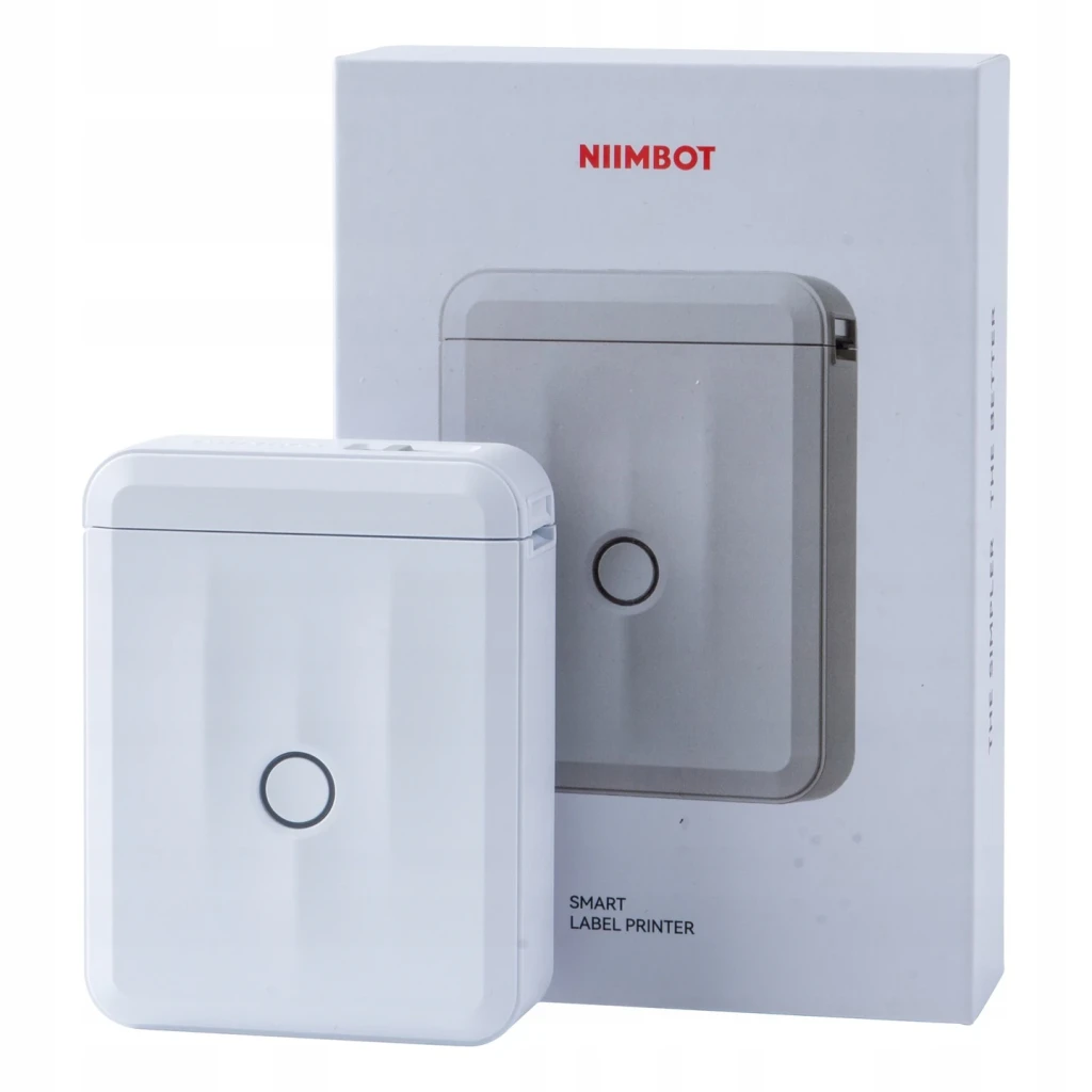 Impresora de etiquetas portátil Niimbot D110M Bluetooth Blanco, contenido de la caja: impresora blanca junto a su caja gris