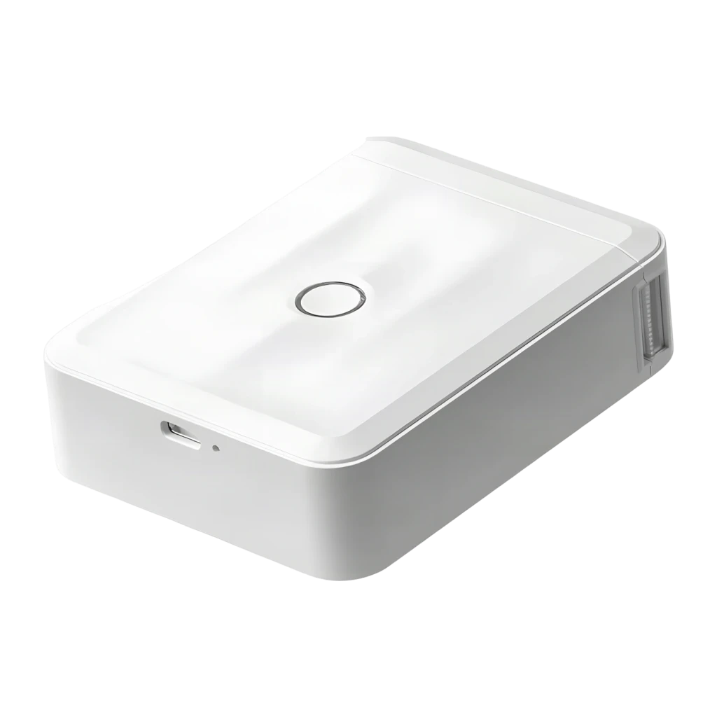 Impresora de etiquetas portátil Niimbot D110M Bluetooth Blanco, detalle: vista superior en ángulo, botón circular central