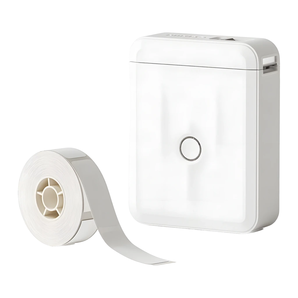 Impresora de etiquetas portátil Niimbot D110M Bluetooth Blanco, detalle: vista lateral con rollo de etiquetas incluido