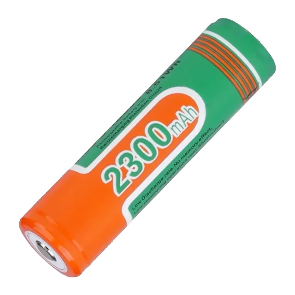 Batterie rechargeable Superfire 2300mAh Li-Ion 18650, vue de face: cylindre vert et orange avec capacité 2300mAh imprimée