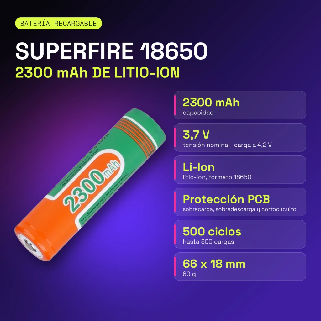 Batterie rechargeable Superfire 2300mAh Li-Ion 18650, infographie: pile verte et orange en diagonale avec caractéristiques