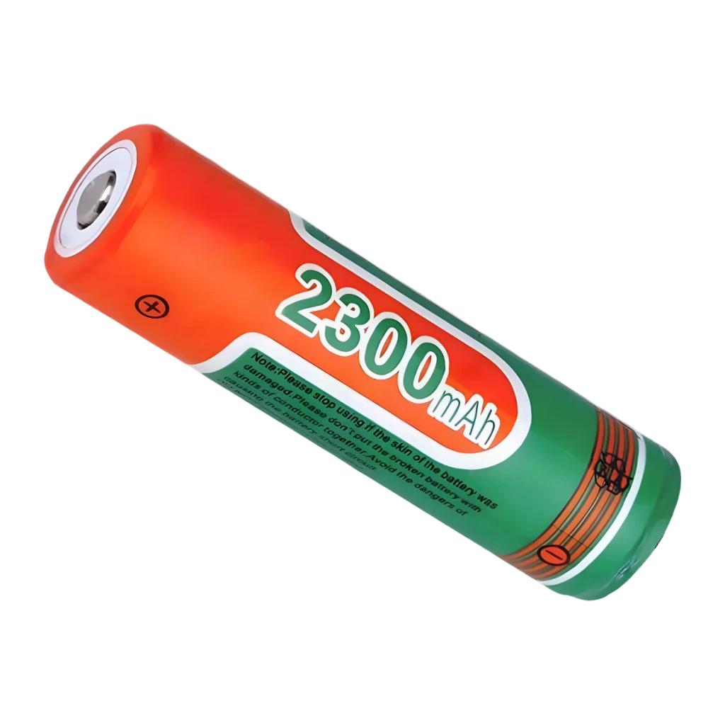 Batterie rechargeable Superfire 2300mAh Li-Ion 18650, détail: corps cylindrique vert et orange avec capacité imprimée